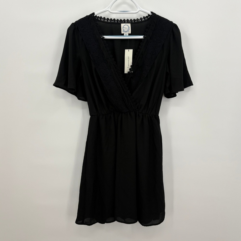 Blue Rain‎ Francesca's Black Lace Trim Surplice Mini Dress XXS WS50606 NWT